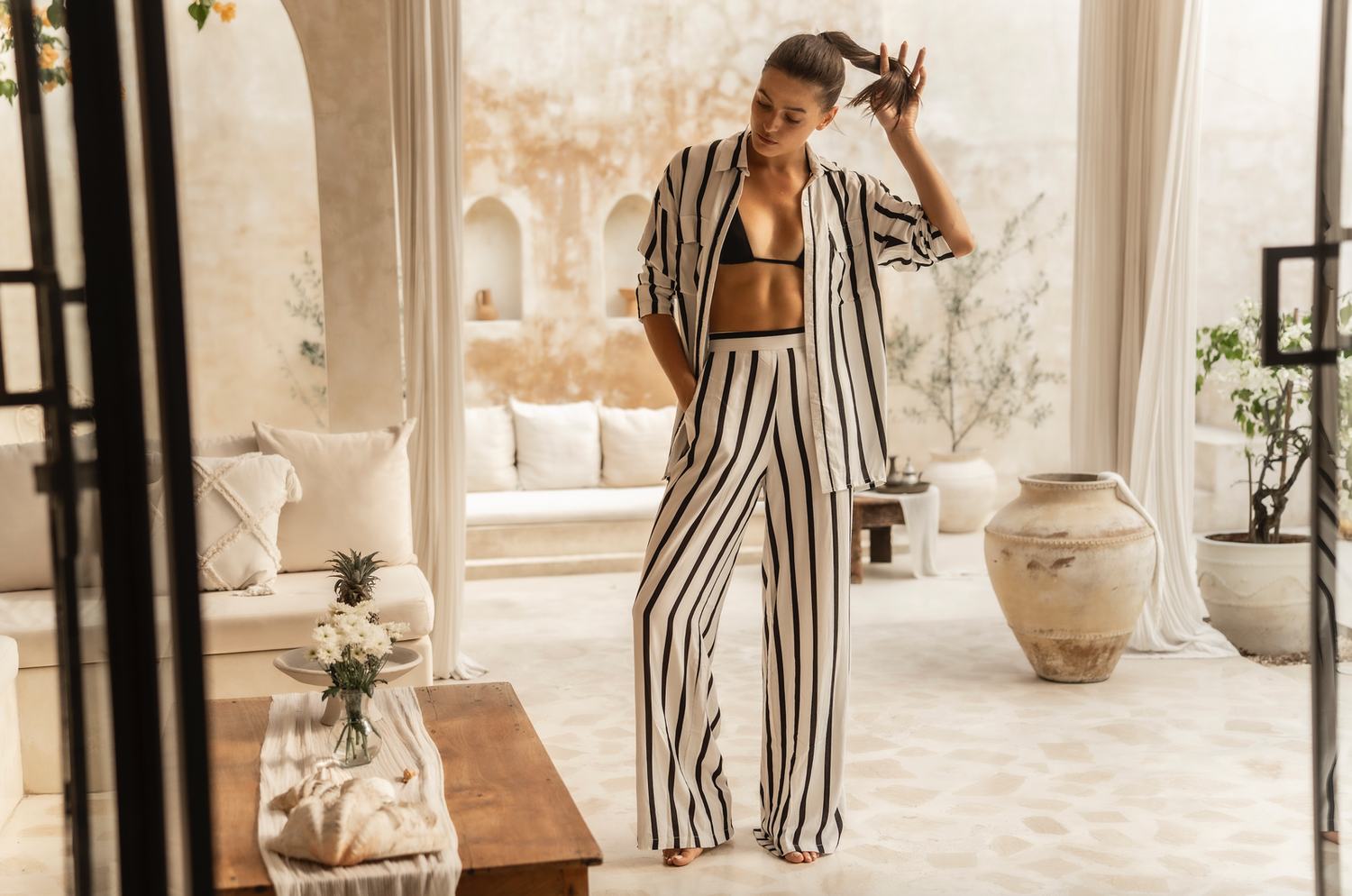 The Button-Up Beach Tunic and Kaitlin Pants in stripe